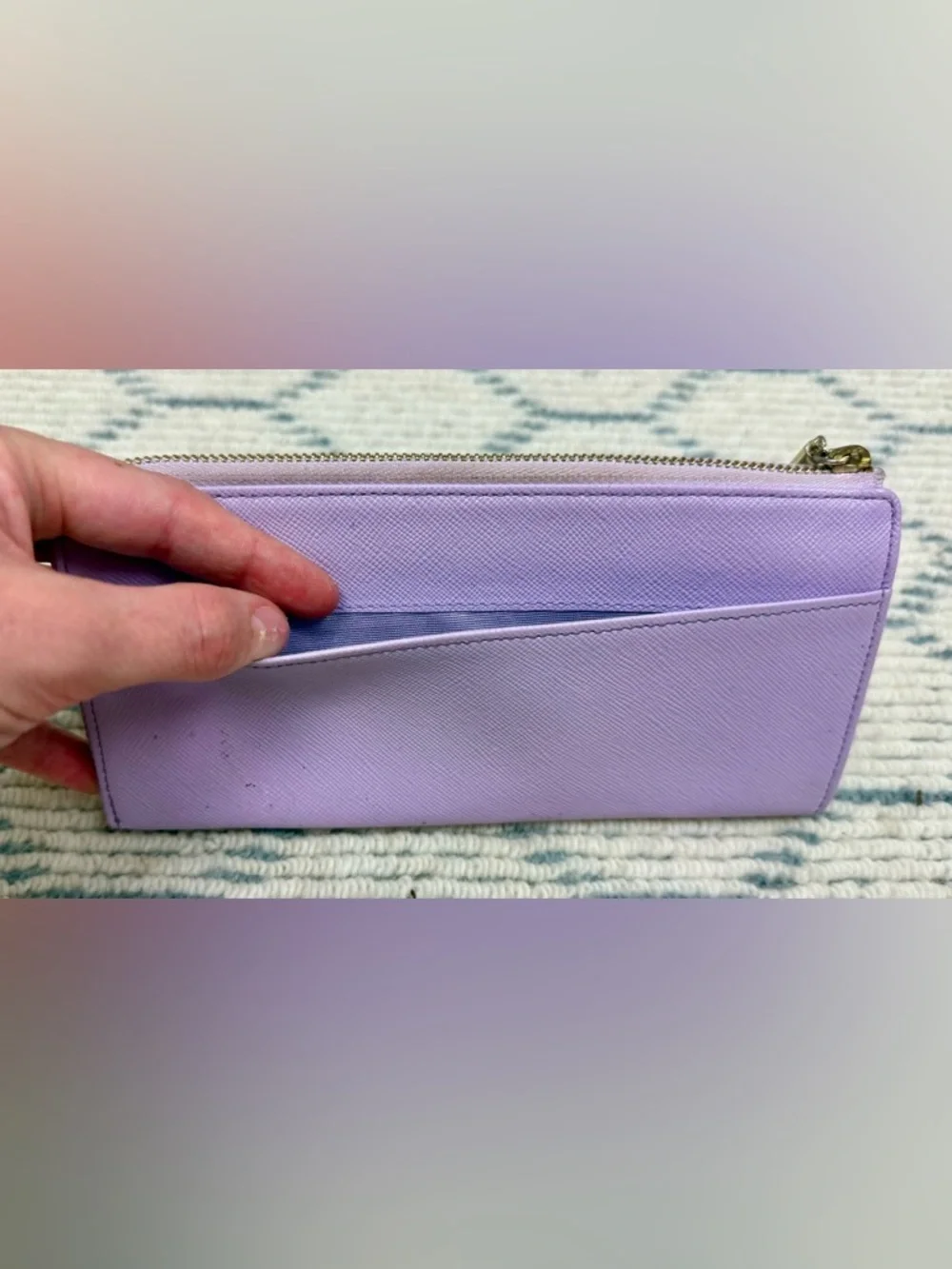 LANVIN En Bleu Lavender Floral Print Leather L-Shaped Zip Long Wallet/Clutch